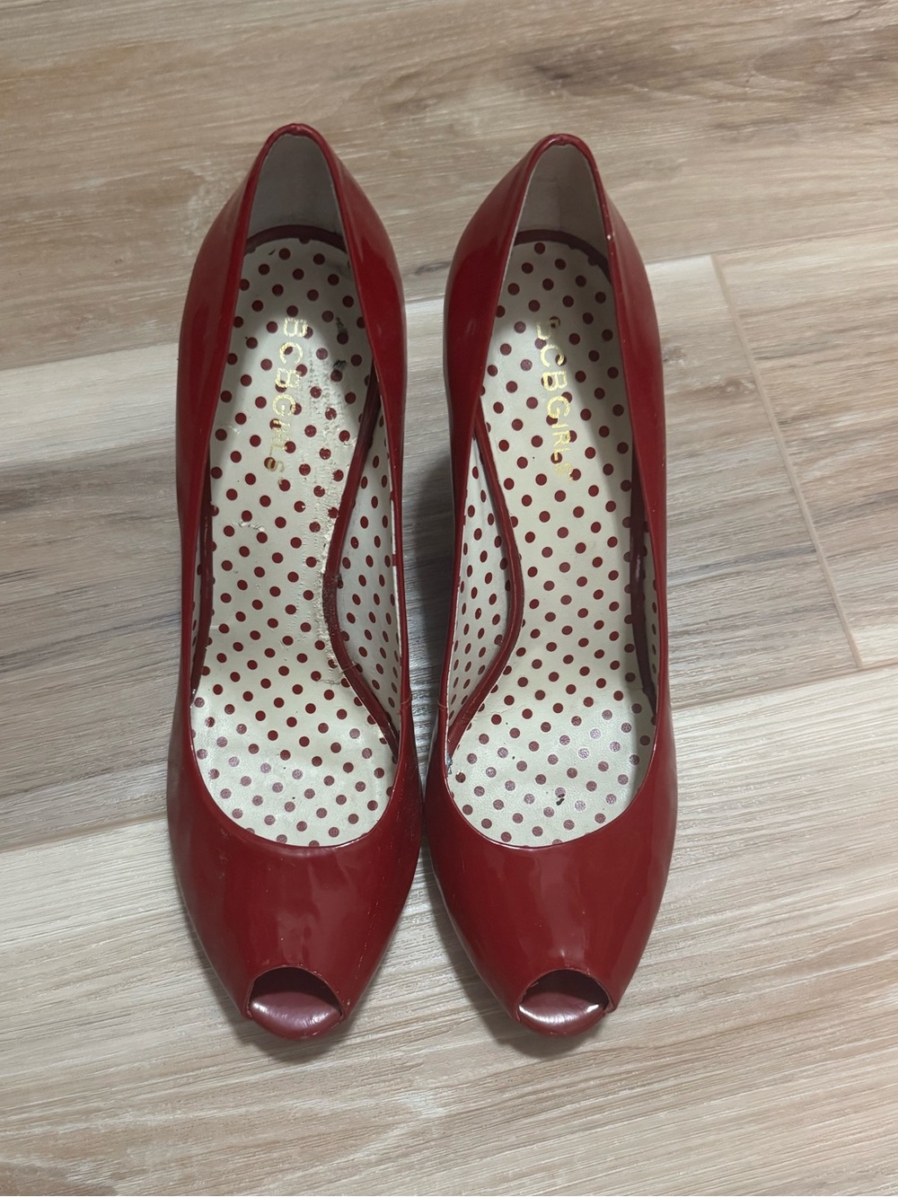 BCBGIRLS Red Patent Leather Peep Toe Heels Polka Dot Size 8B / 38
